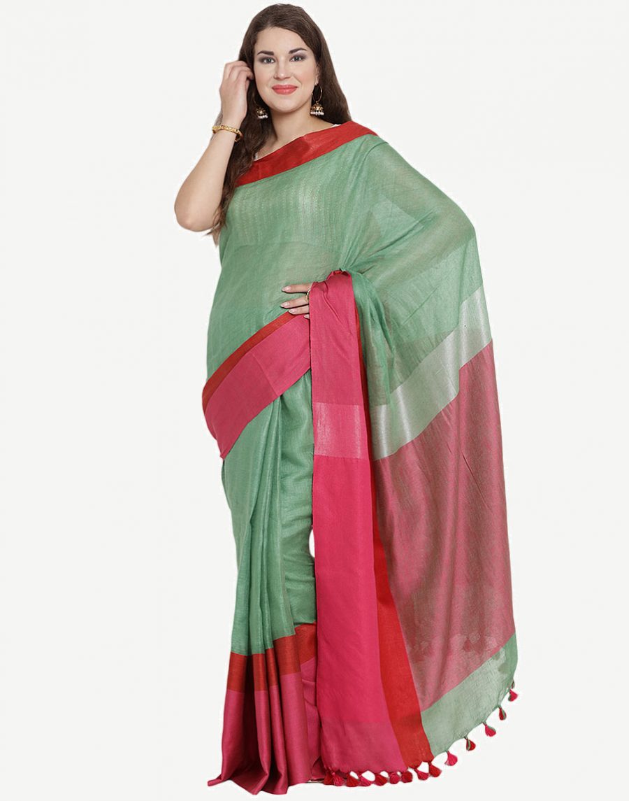 Green-Red Pure Linen Saree